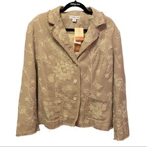 Coldwater Creek Embroidered Tan Burlap Jacket